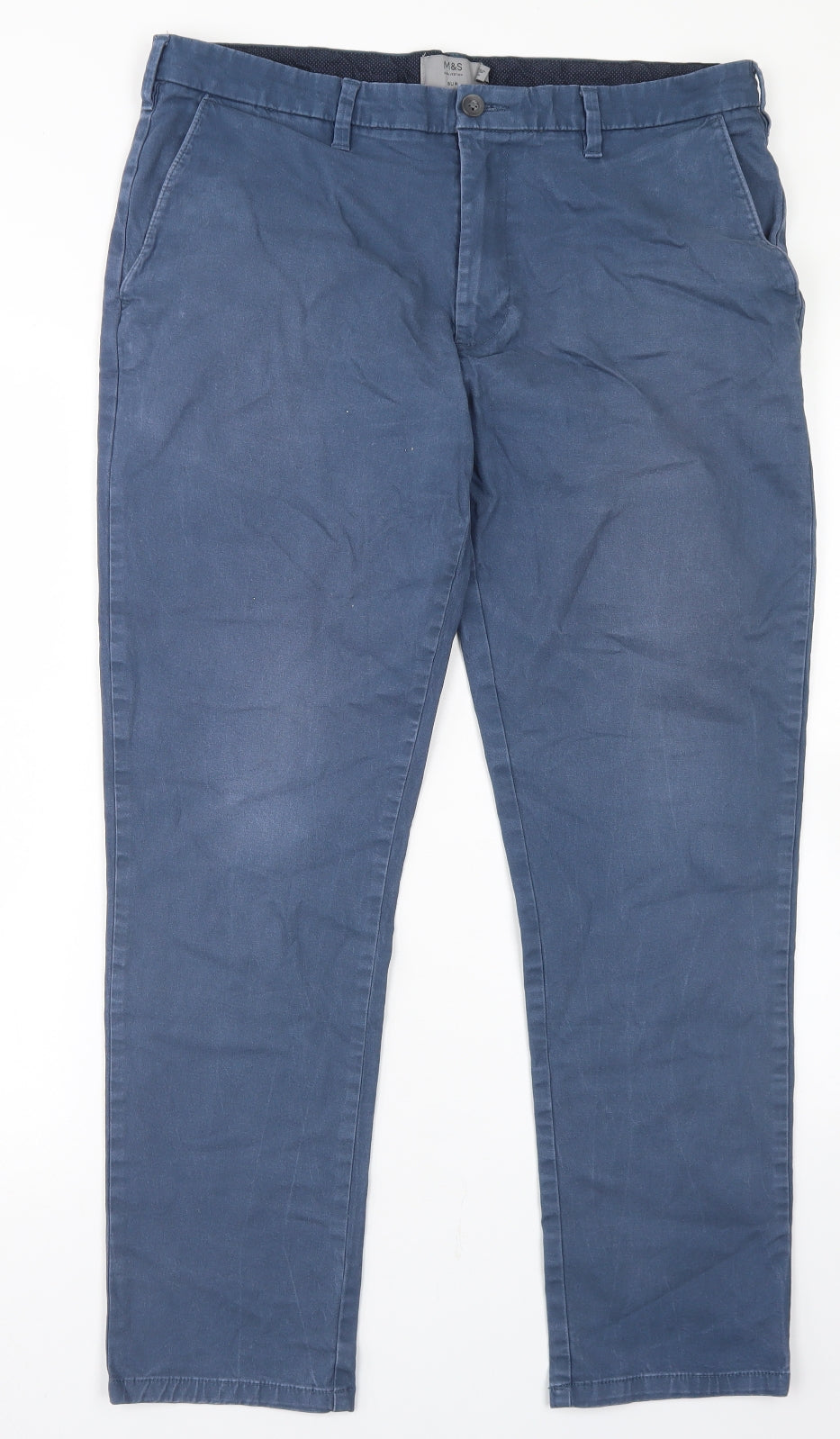 Marks and Spencer Mens Blue  Cotton Chino Trousers Size 36 in L29 in Regular Button
