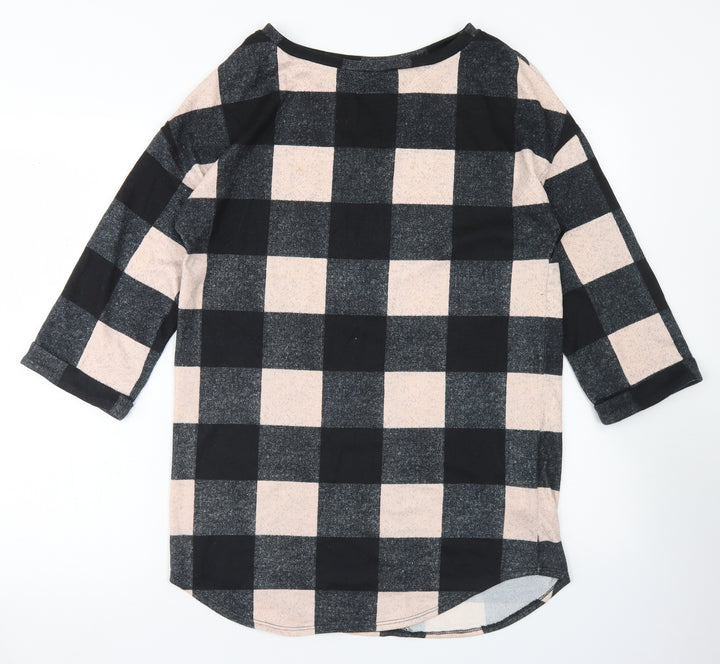 F&F Womens Black Check Polyester Tunic T-Shirt Size 8 Round Neck
