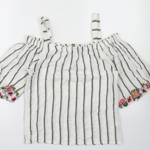 F&F Womens White Striped Cotton Basic Blouse Size 8 Off the Shoulder - Cold Shoulder