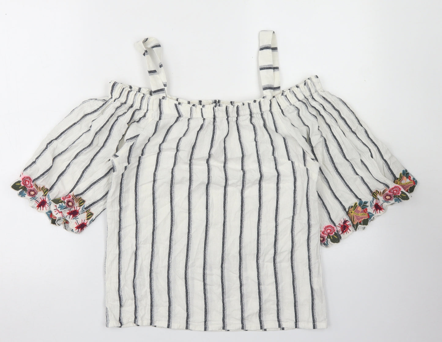 F&F Womens White Striped Cotton Basic Blouse Size 8 Off the Shoulder - Cold Shoulder