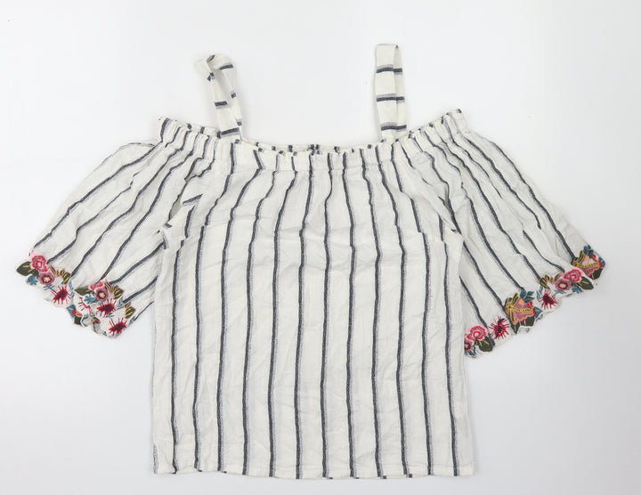 F&F Womens White Striped Cotton Basic Blouse Size 8 Off the Shoulder - Cold Shoulder