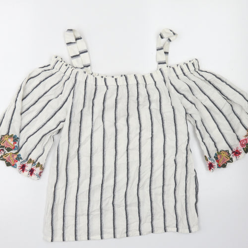 F&F Womens White Striped Cotton Basic Blouse Size 8 Off the Shoulder - Cold Shoulder