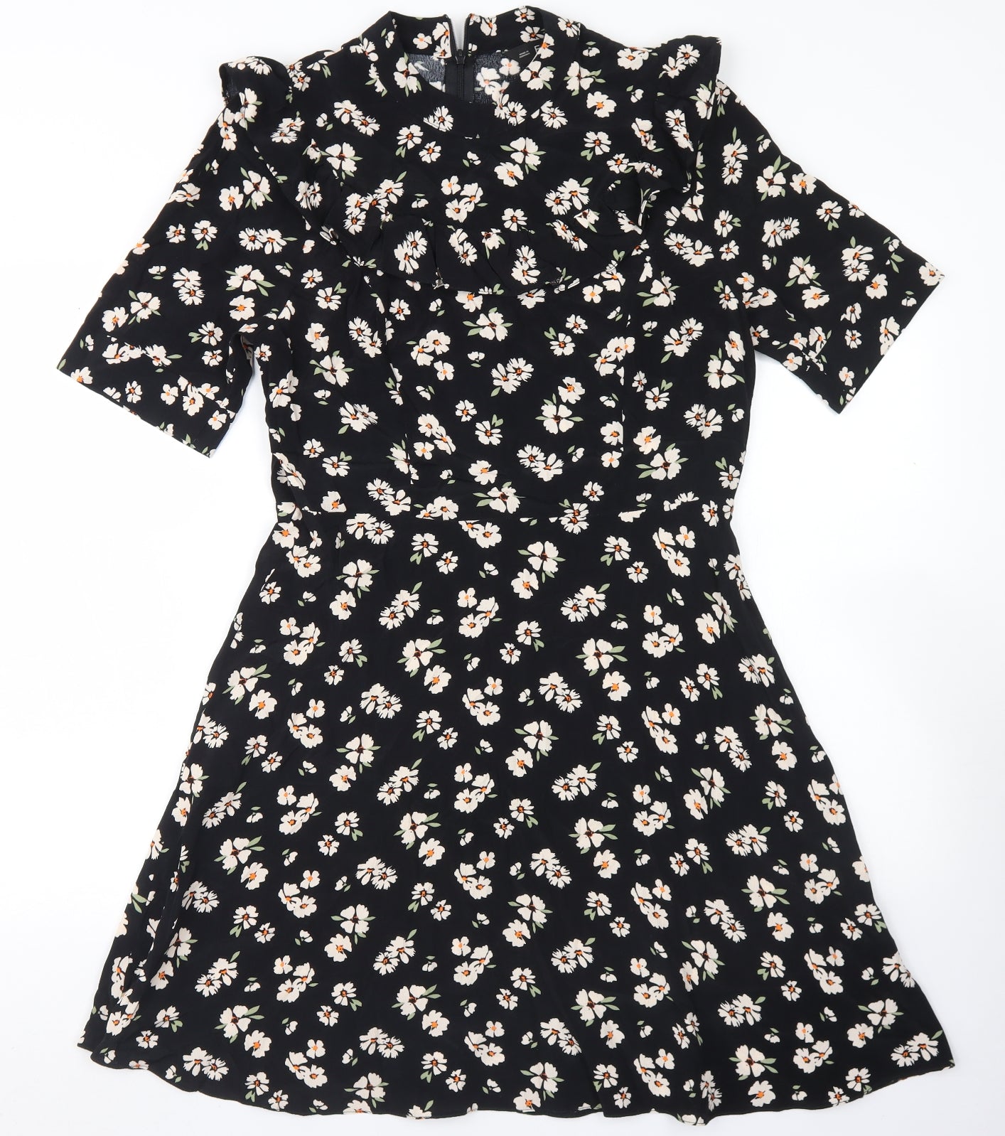 F&F Womens Black Floral Viscose Skater Dress  Size 12  Round Neck Zip