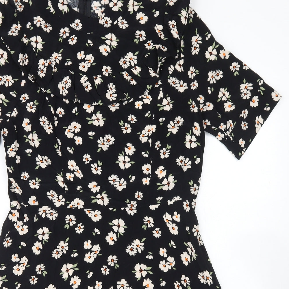 F&F Womens Black Floral Viscose Skater Dress  Size 12  Round Neck Zip