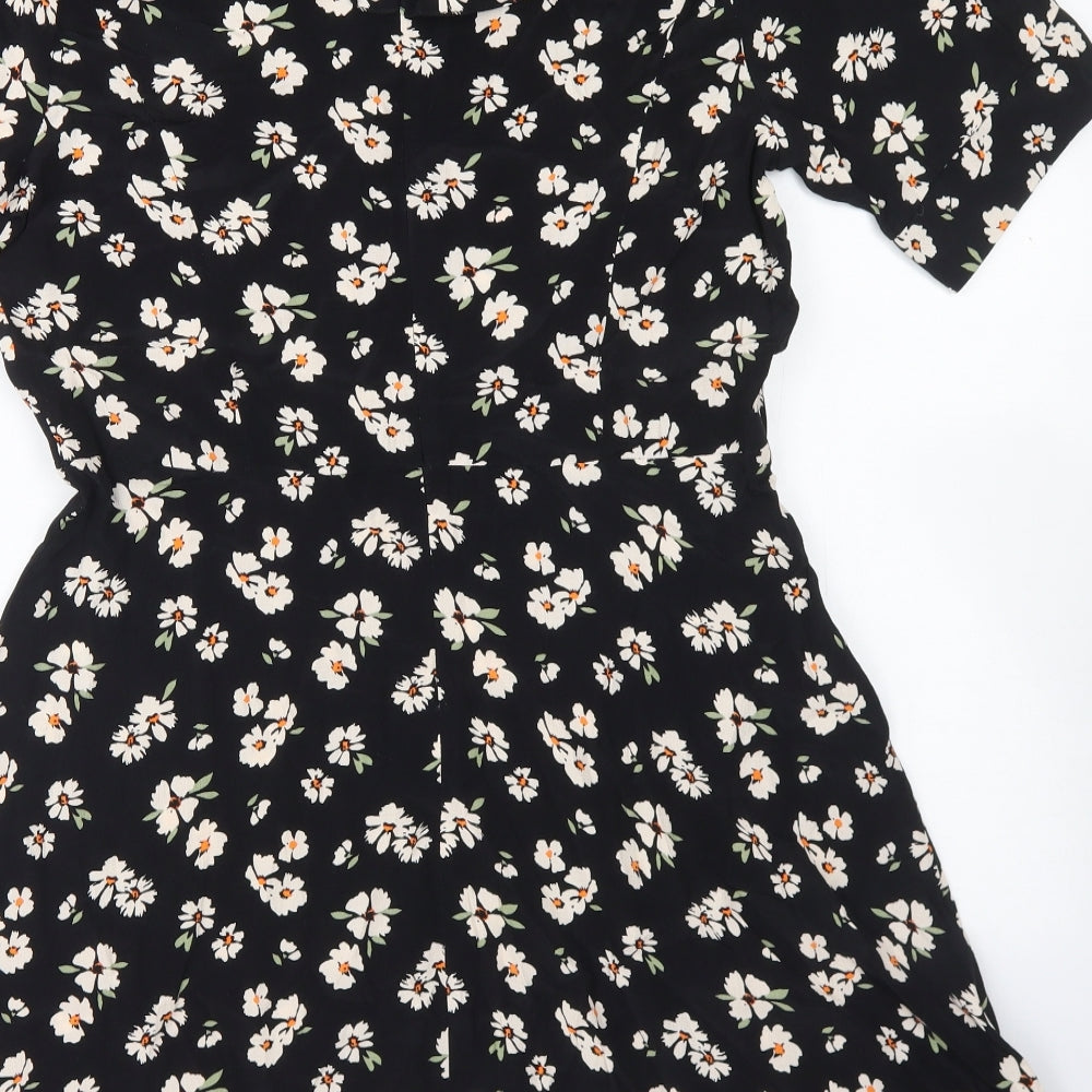 F&F Womens Black Floral Viscose Skater Dress  Size 12  Round Neck Zip
