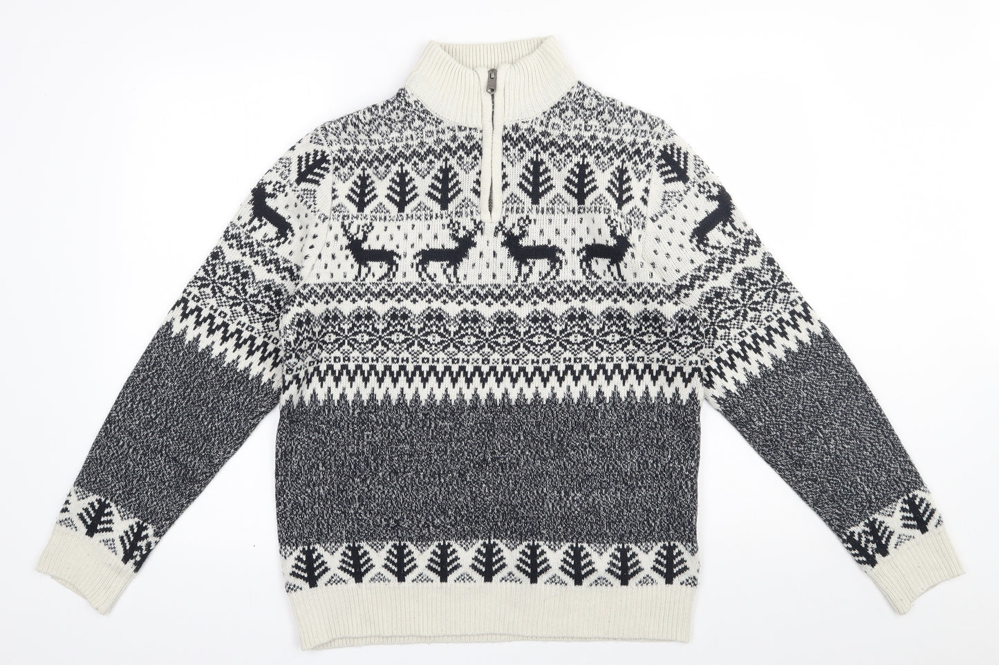 Threadbare Mens Ivory High Neck Fair Isle Acrylic Pullover Jumper Size S