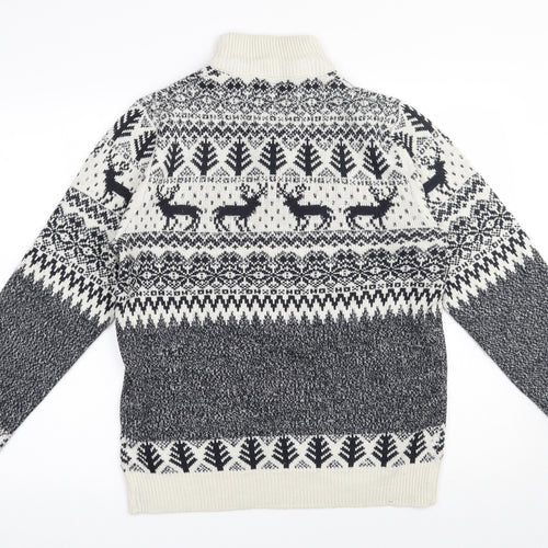 Threadbare Mens Ivory High Neck Fair Isle Acrylic Pullover Jumper Size S