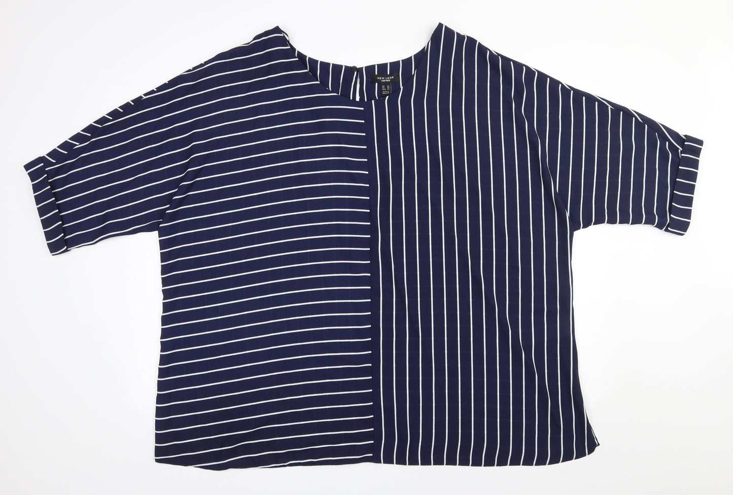 New Look Curves Womens Blue Striped Polyester Basic Blouse Size 26 Scoop Neck
