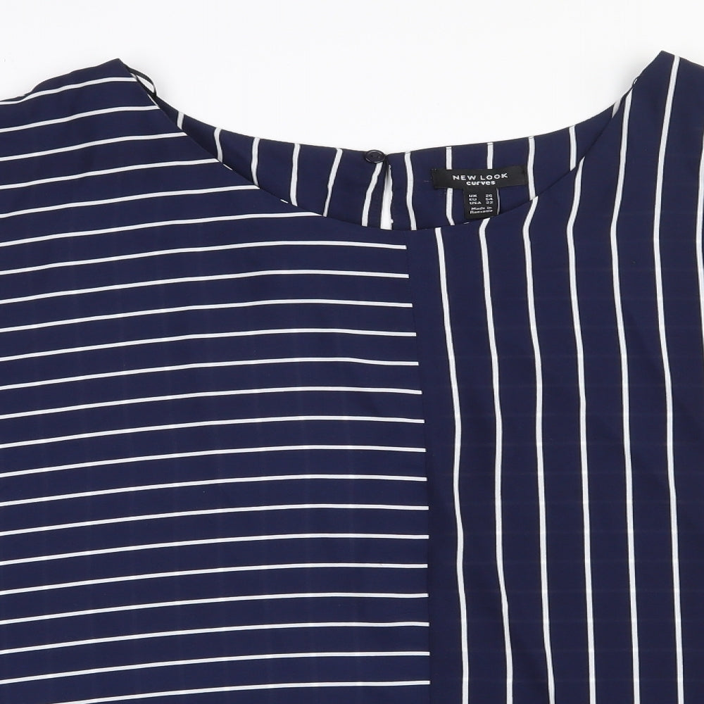 New Look Curves Womens Blue Striped Polyester Basic Blouse Size 26 Scoop Neck