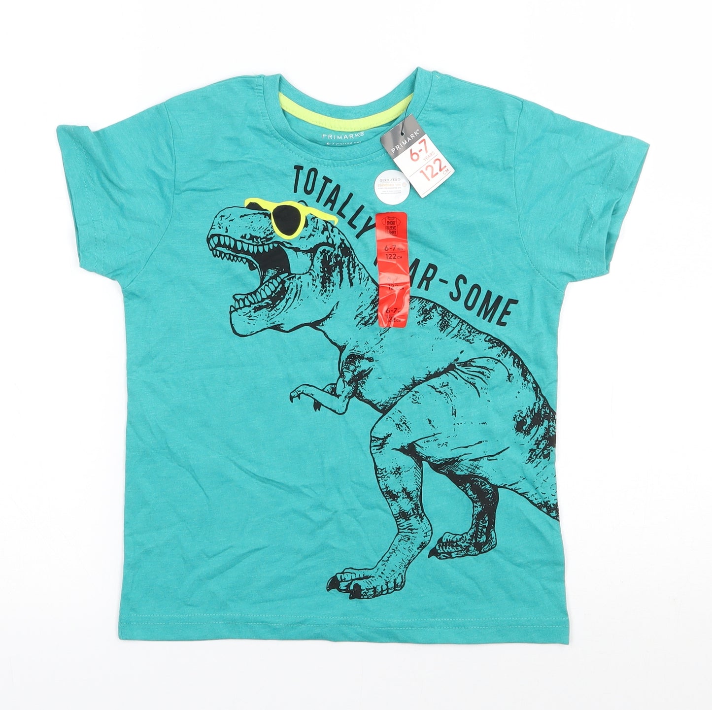 Primark Boys Green  Cotton Basic T-Shirt Size 6-7 Years Round Neck Pullover - Dinosaur print