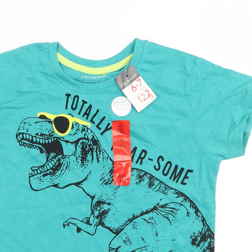 Primark Boys Green  Cotton Basic T-Shirt Size 6-7 Years Round Neck Pullover - Dinosaur print