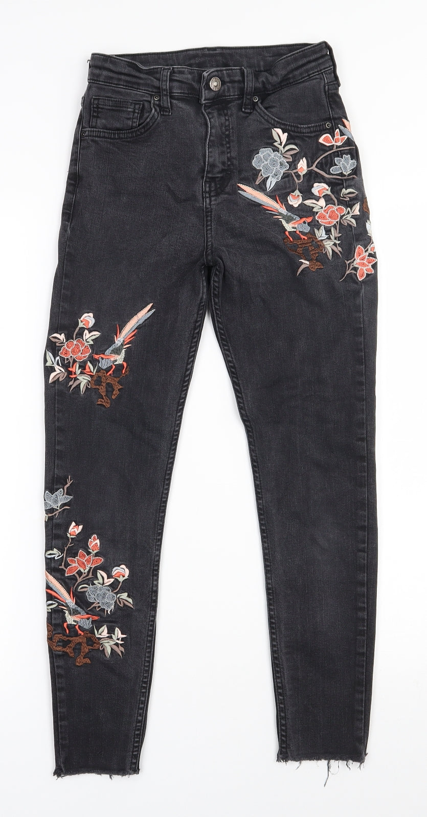 Topshop Womens Black Floral Cotton Skinny Jeans Size 28 in L30 in Regular Zip