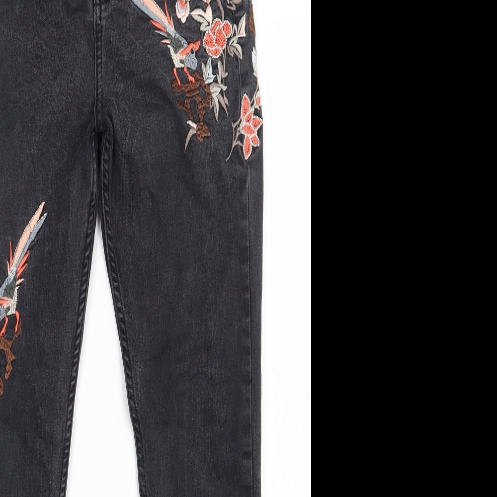 Topshop Womens Black Floral Cotton Skinny Jeans Size 28 in L30 in Regular Zip