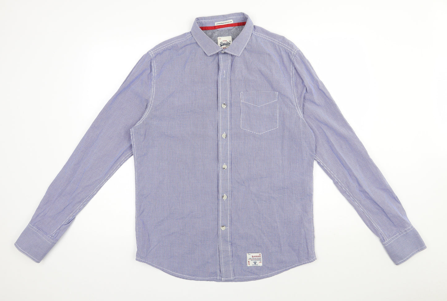 Superdry Mens Blue Check Cotton  Button-Up Size L Collared Button