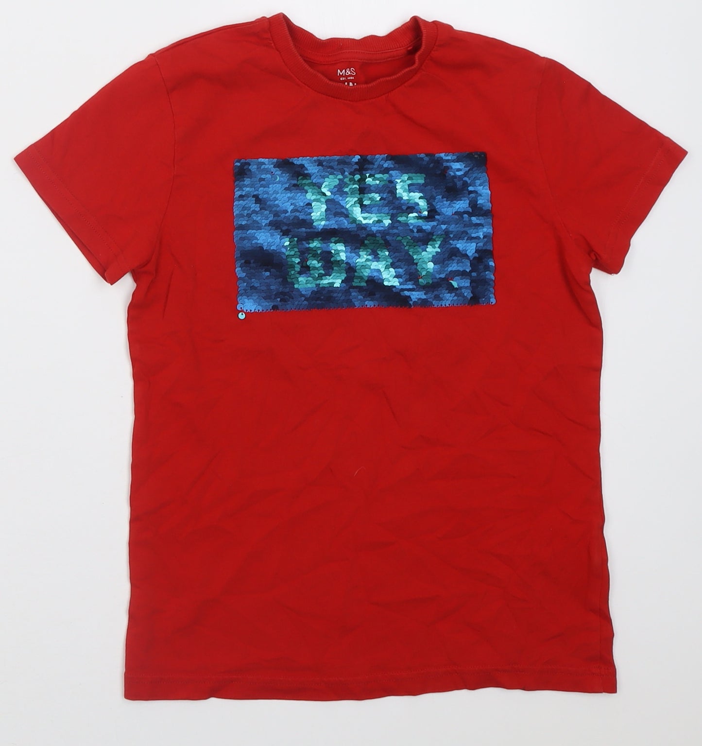 Marks and Spencer Boys Red  Cotton Basic T-Shirt Size 8-9 Years Crew Neck Pullover