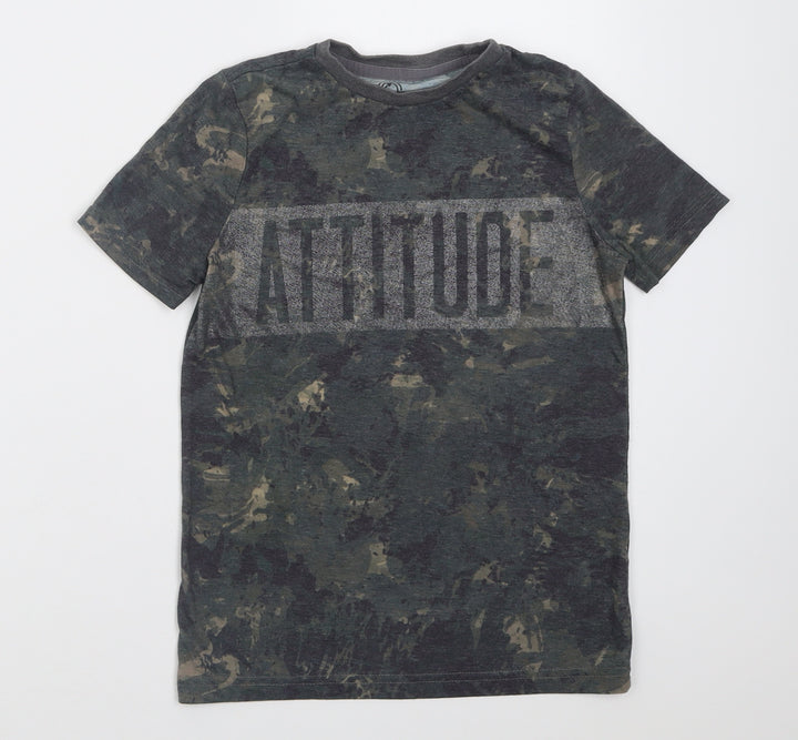 F&F Boys Green Camouflage Polyester Basic T-Shirt Size 8-9 Years Crew Neck Pullover - Attitude