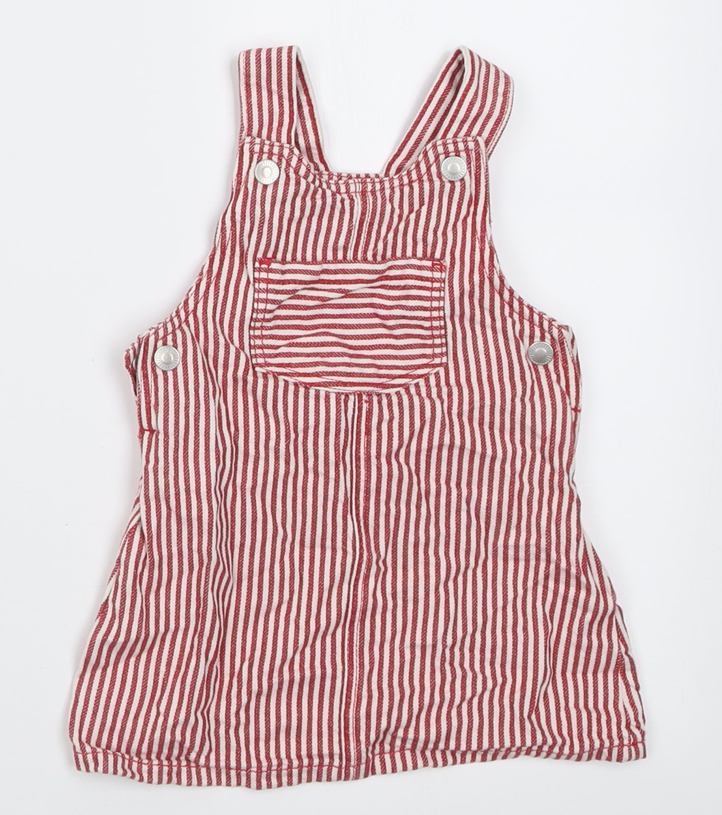 F&F Girls Red Striped Cotton Pinafore/Dungaree Dress  Size 9-12 Months  Square Neck Button
