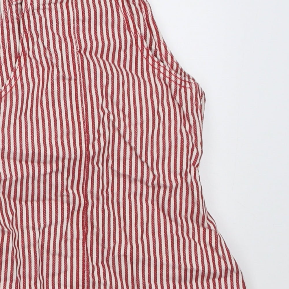 F&F Girls Red Striped Cotton Pinafore/Dungaree Dress  Size 9-12 Months  Square Neck Button