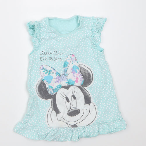 George Girls Blue Polka Dot Cotton A-Line  Size 12-18 Months  Crew Neck Button - minnie mouse