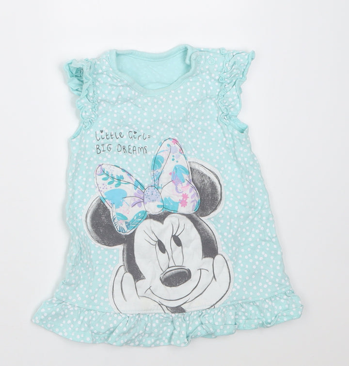 George Girls Blue Polka Dot Cotton A-Line Size 12-18 Months Crew Neck Button - minnie mouse
