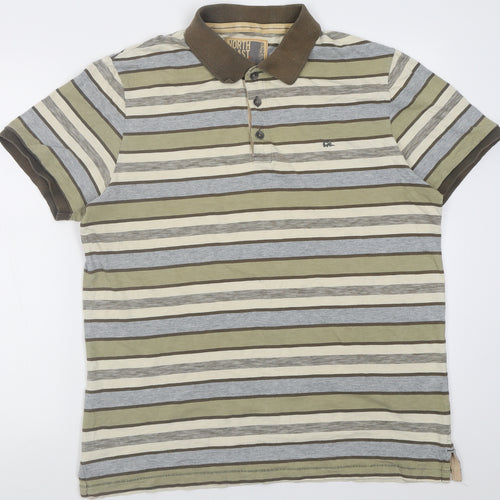 Marks and Spencer Mens Green Striped Cotton  Polo Size L Collared Button