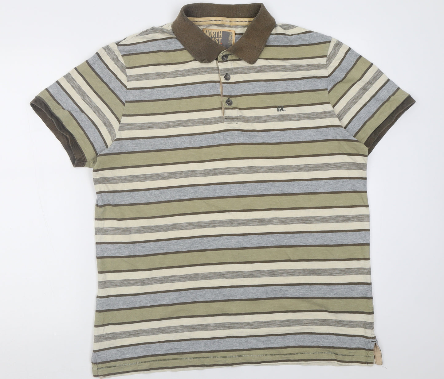 Marks and Spencer Mens Green Striped Cotton  Polo Size L Collared Button