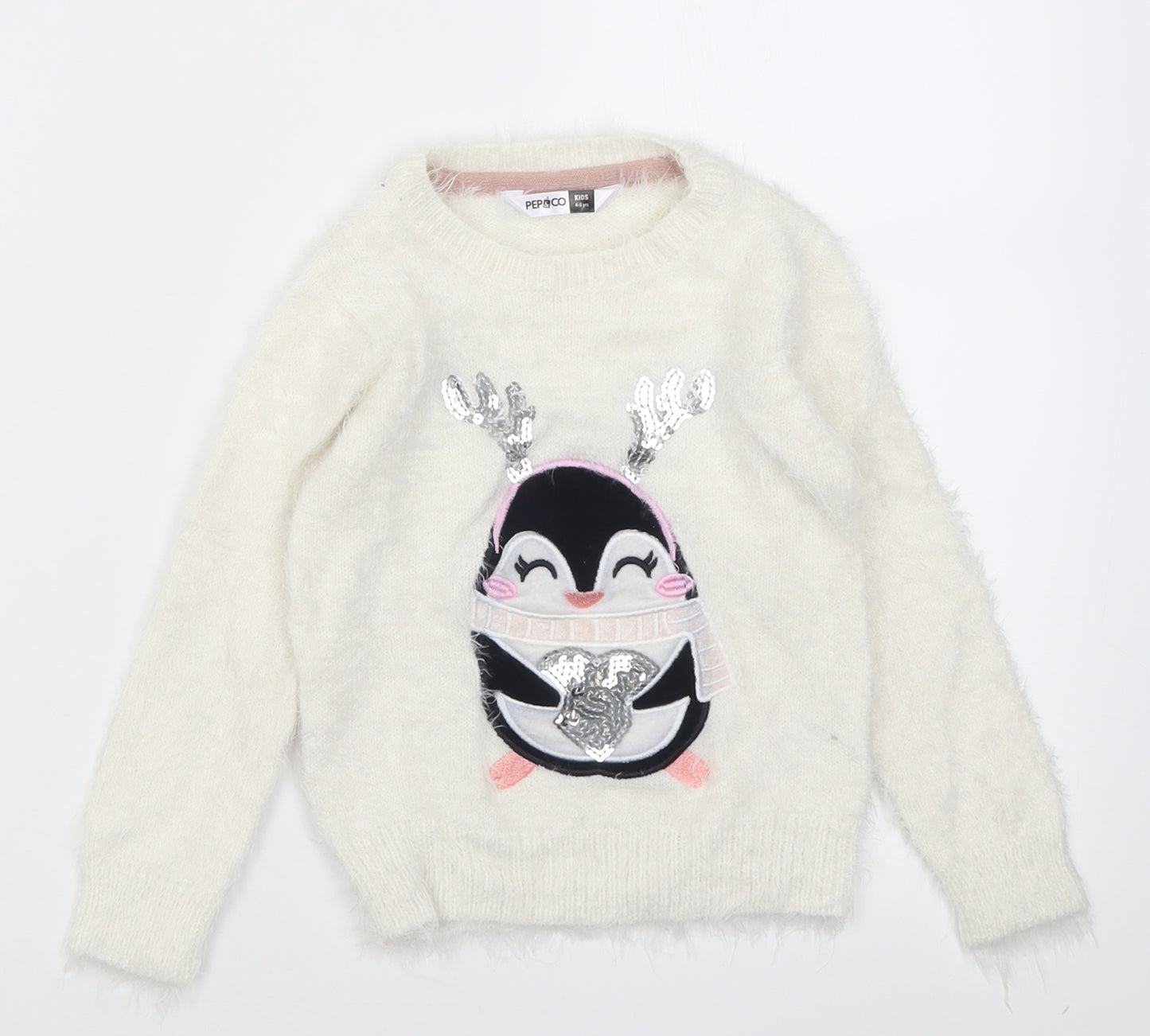 pep&co Girls White Crew Neck  Cotton Pullover Jumper Size 4-5 Years  Pullover - Penguin