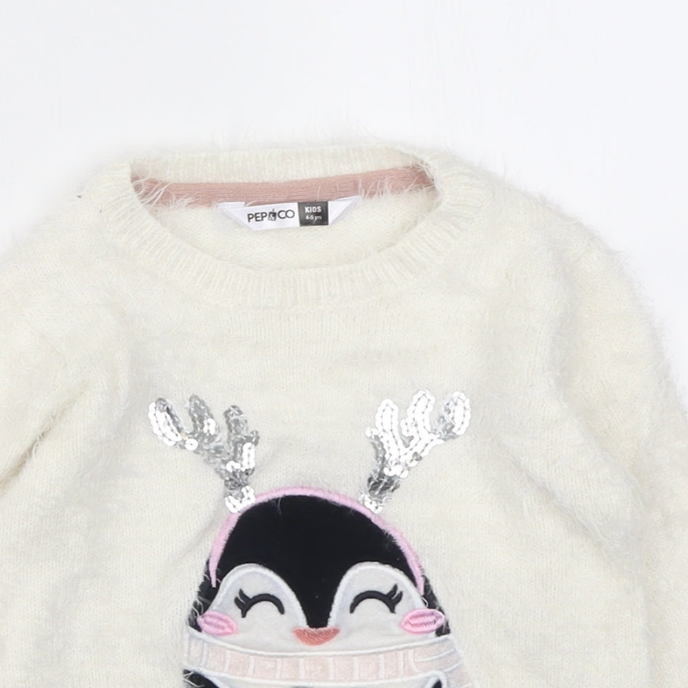pep&co Girls White Crew Neck  Cotton Pullover Jumper Size 4-5 Years  Pullover - Penguin