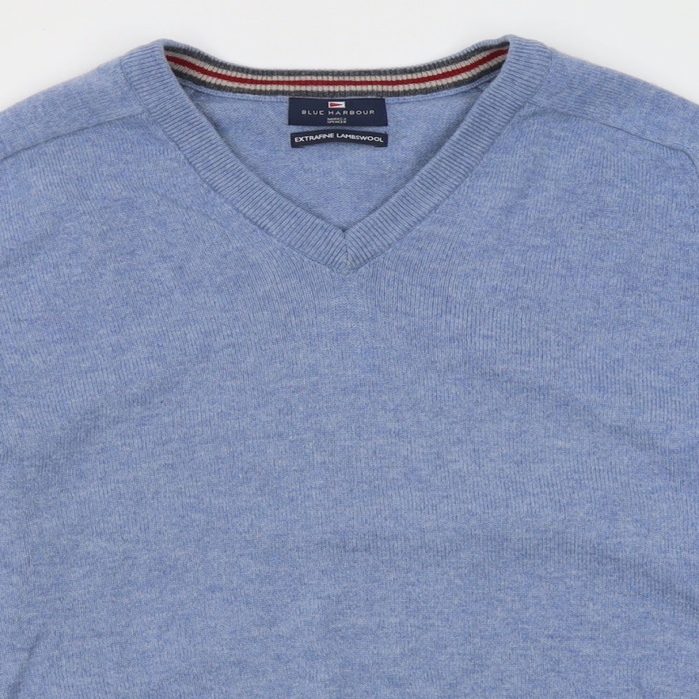 Blue Harbour Mens Blue V-Neck  Wool Pullover Jumper Size L