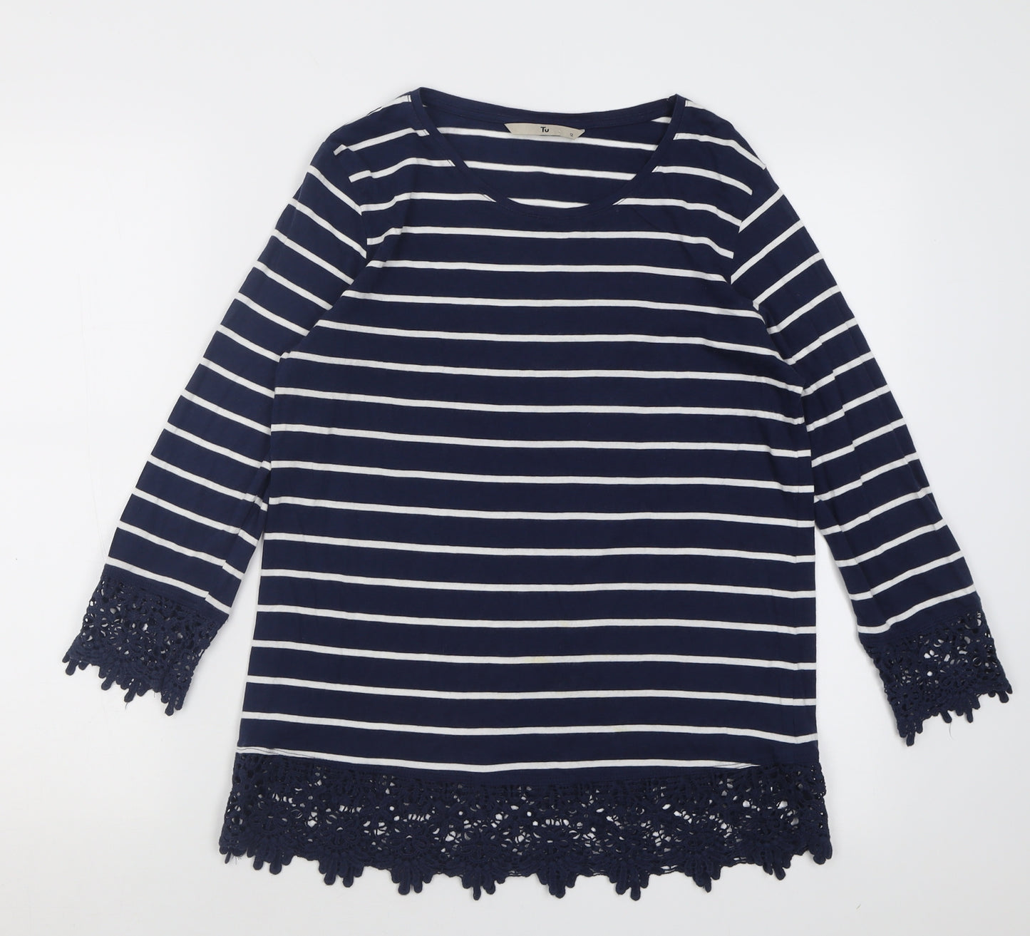 TU Womens Blue Striped Cotton Basic T-Shirt Size 12 Crew Neck