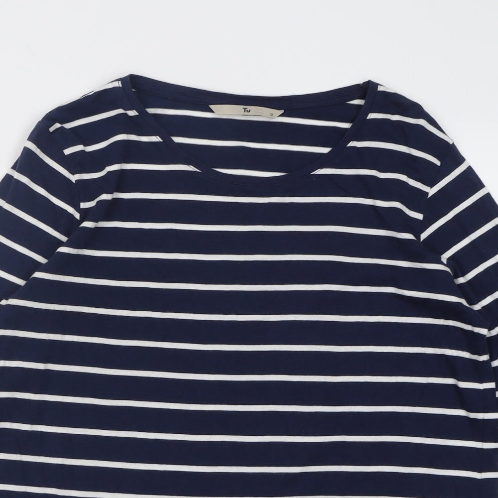 TU Womens Blue Striped Cotton Basic T-Shirt Size 12 Crew Neck