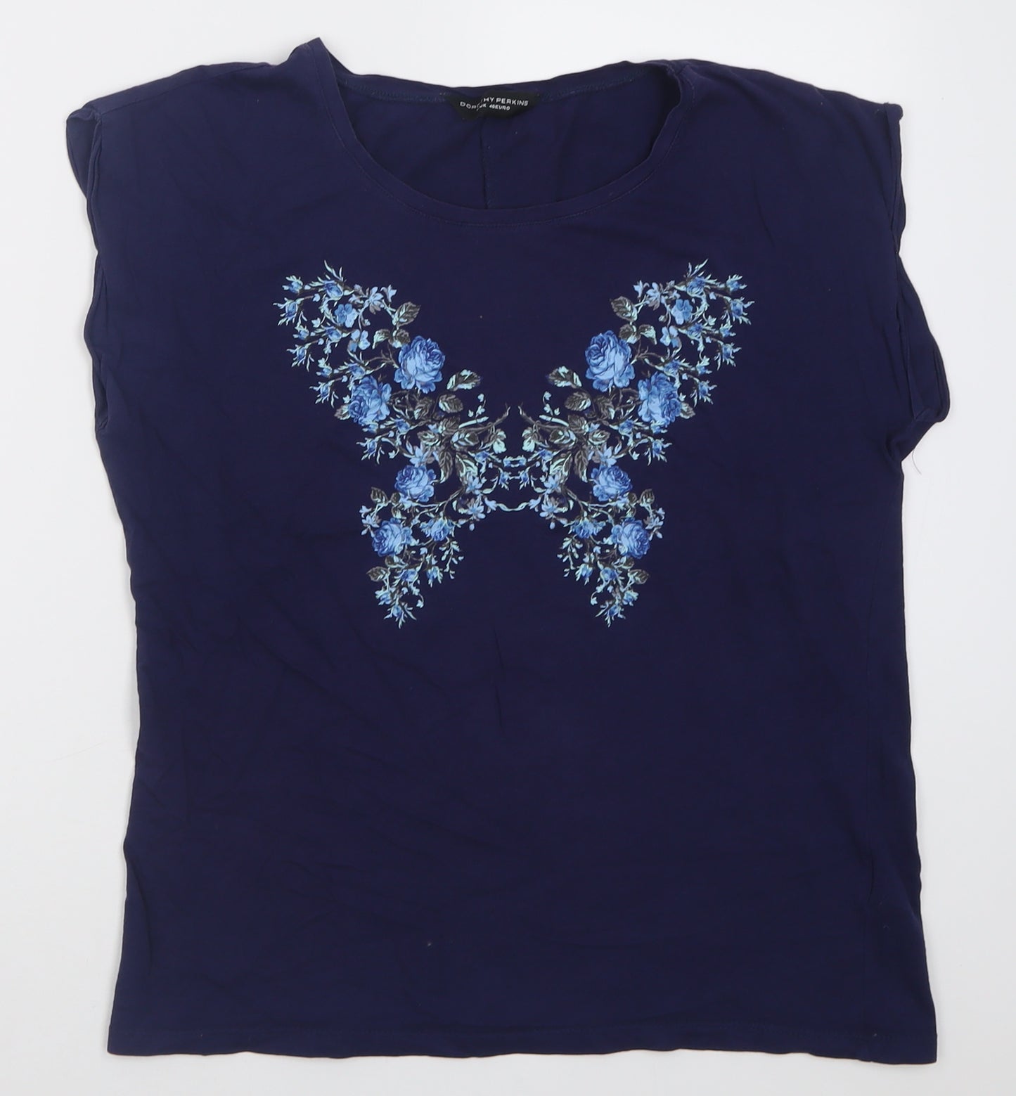 Dorothy Perkins Womens Blue Floral Cotton Basic T-Shirt Size 12 Crew Neck - Butterfly Print