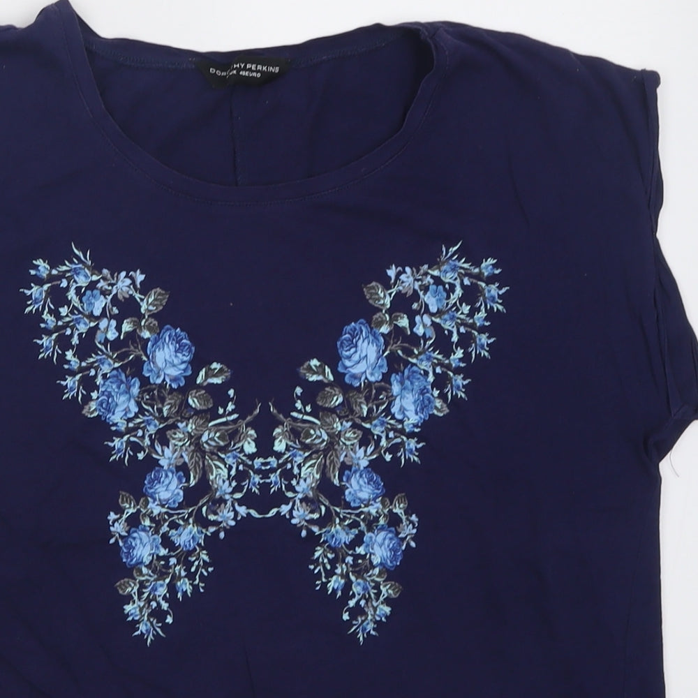 Dorothy Perkins Womens Blue Floral Cotton Basic T-Shirt Size 12 Crew Neck - Butterfly Print