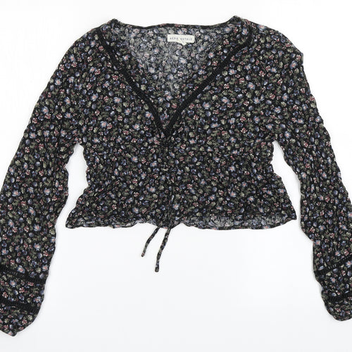 Aeropostale Womens Black Floral Cotton Cropped Blouse Size S V-Neck