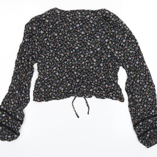 Aeropostale Womens Black Floral Cotton Cropped Blouse Size S V-Neck