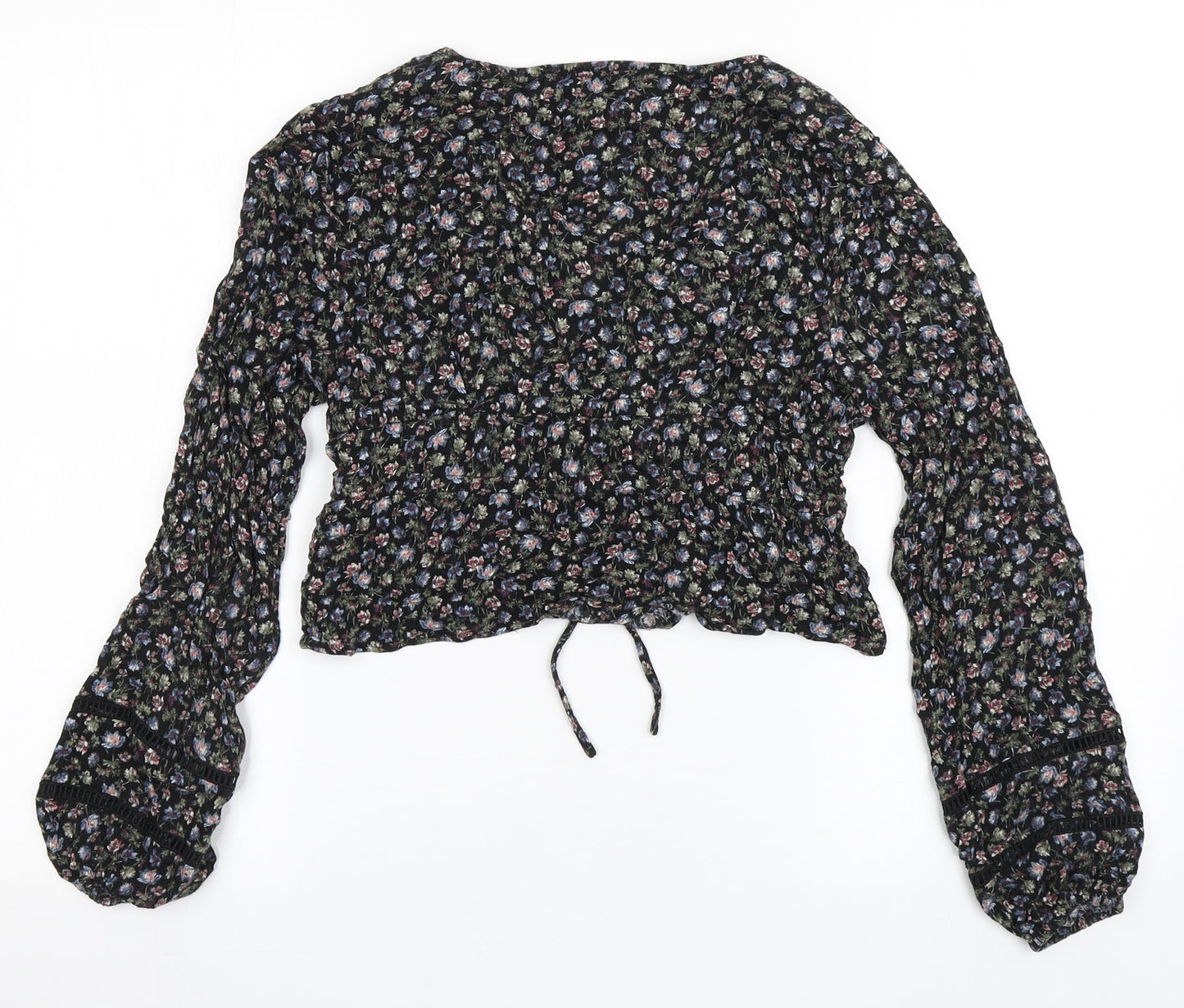 Aeropostale Womens Black Floral Cotton Cropped Blouse Size S V-Neck