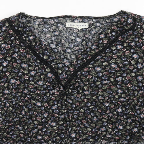 Aeropostale Womens Black Floral Cotton Cropped Blouse Size S V-Neck