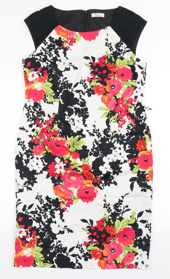 Precis Womens Black Floral Cotton Shift Size 12 Round Neck Zip