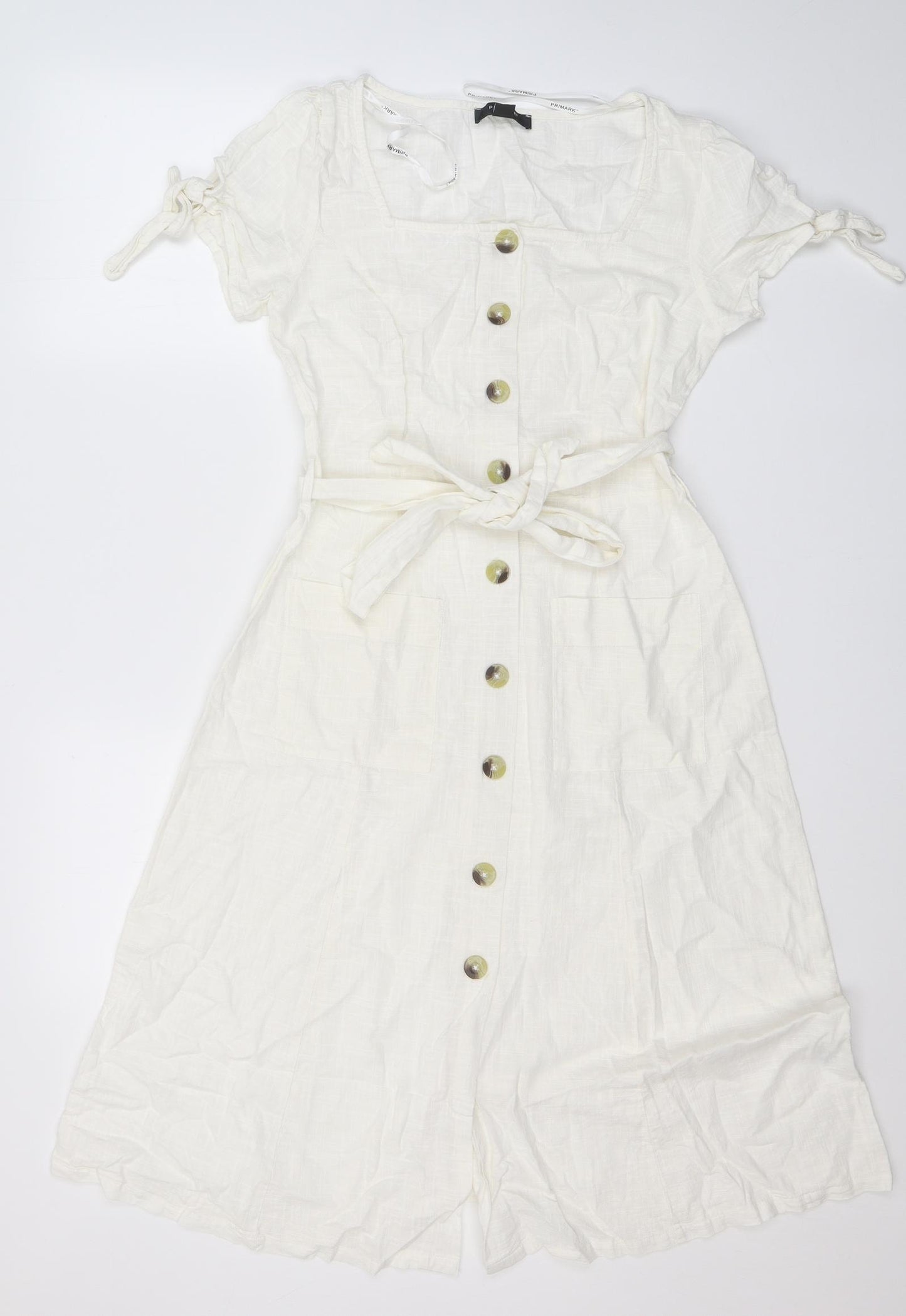 Primark Womens White  Cotton Fit & Flare  Size 10  Square Neck Button