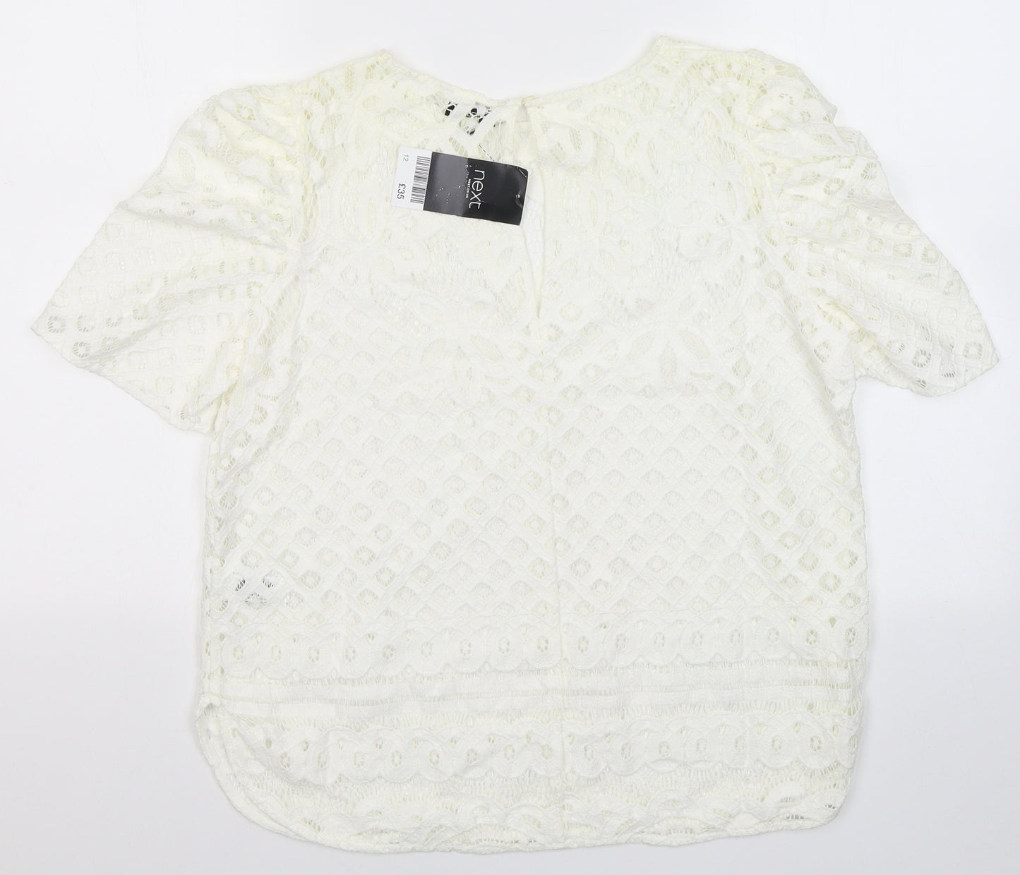NEXT Womens White Geometric Nylon Basic T-Shirt Size 12 Round Neck
