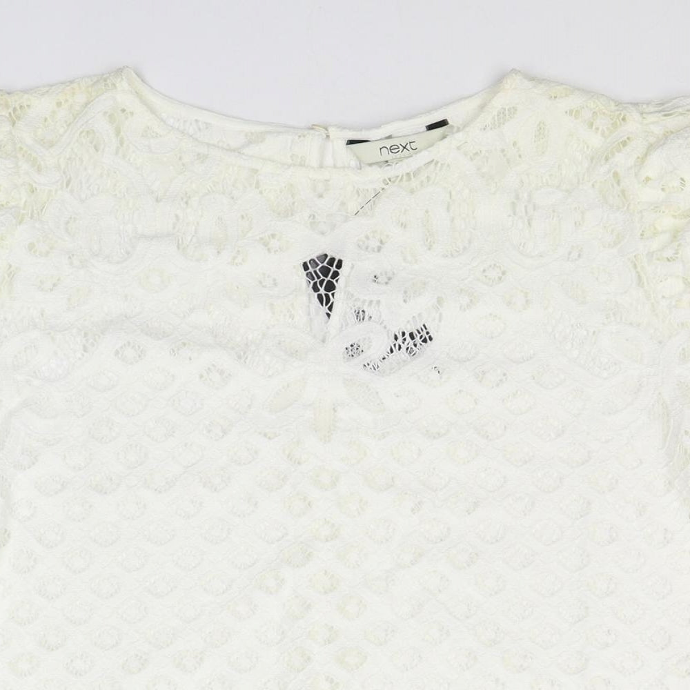 NEXT Womens White Geometric Nylon Basic T-Shirt Size 12 Round Neck