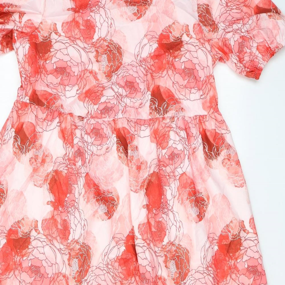 SheIn Womens Red Floral Cotton A-Line  Size S  Round Neck Button