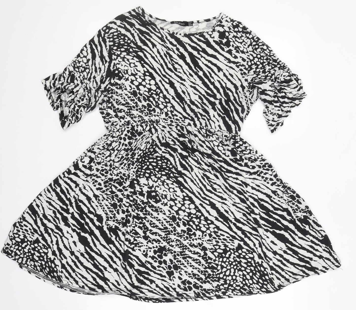 Boohoo Womens Black Animal Print Viscose Fit & Flare  Size 12  Round Neck
