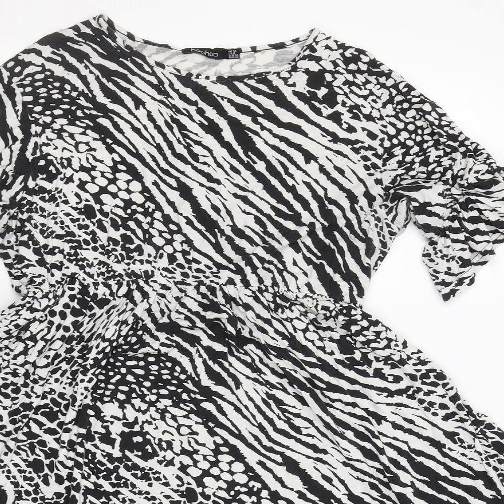 Boohoo Womens Black Animal Print Viscose Fit & Flare  Size 12  Round Neck