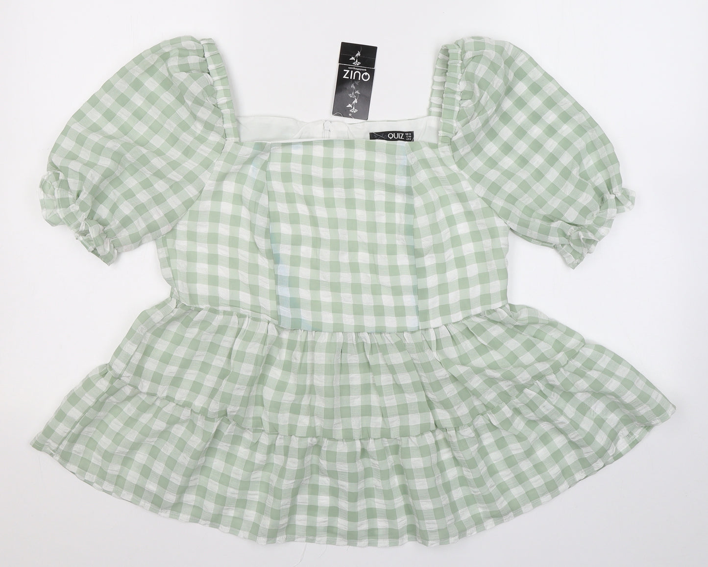 Quiz Womens Green Check Polyester Jersey T-Shirt Size 12 Square Neck
