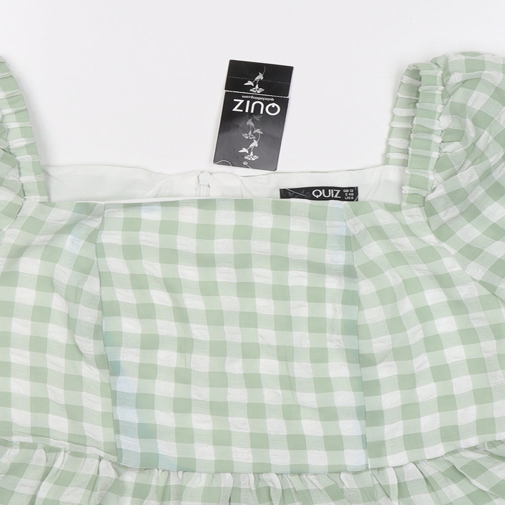 Quiz Womens Green Check Polyester Jersey T-Shirt Size 12 Square Neck