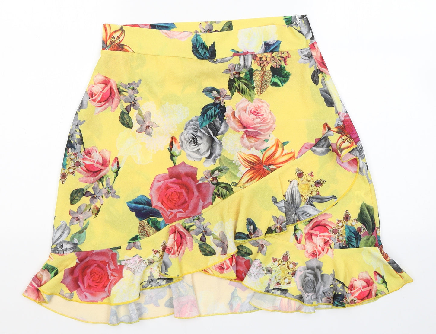 PRETTYLITTLETHING Womens Yellow Floral Polyester Pleated Skirt Size 12   Zip