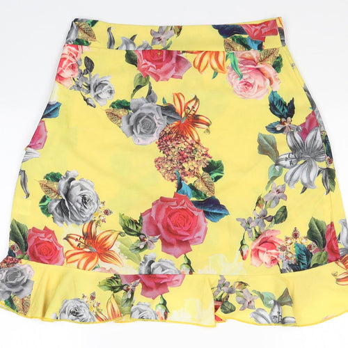 PRETTYLITTLETHING Womens Yellow Floral Polyester Pleated Skirt Size 12   Zip