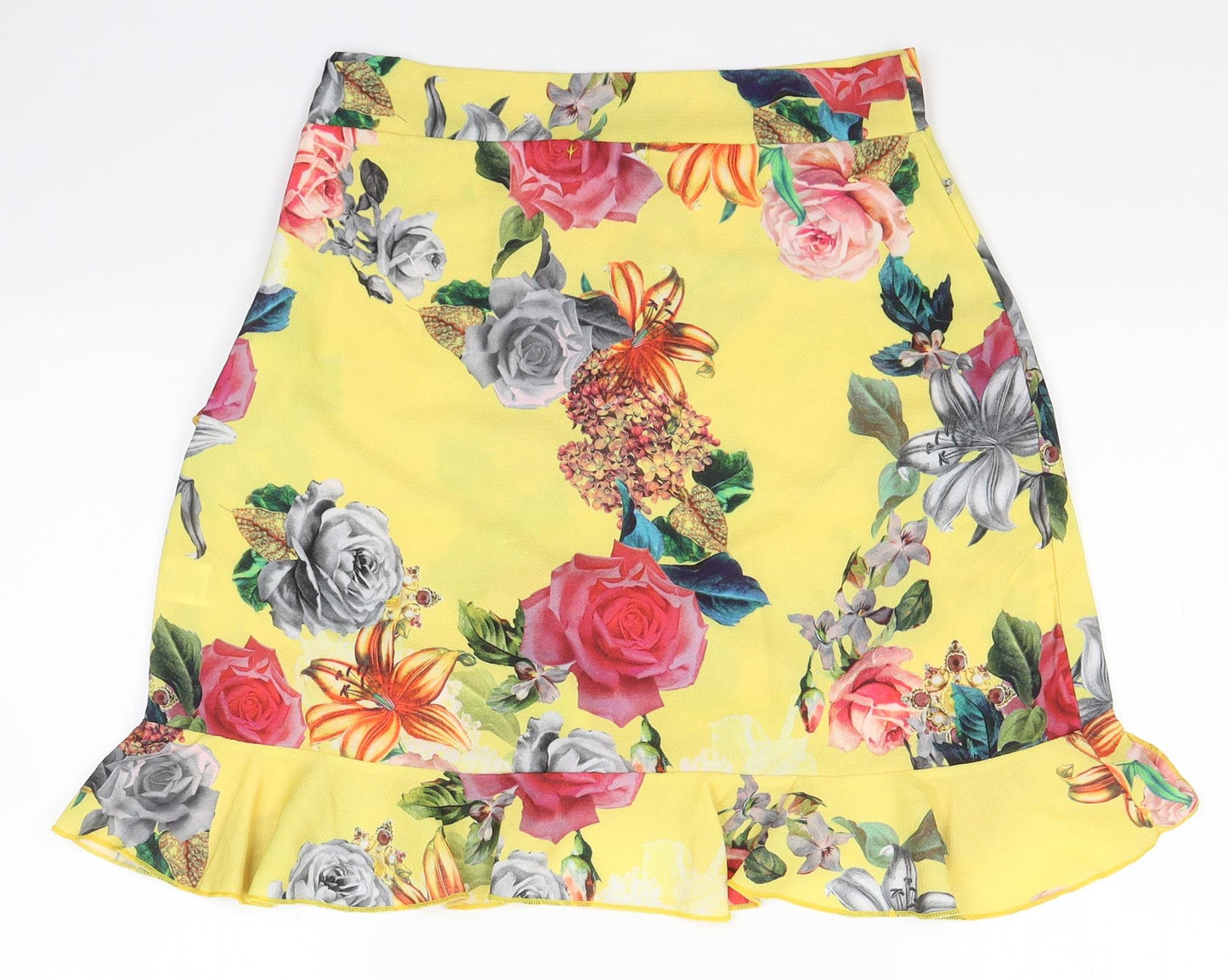 PRETTYLITTLETHING Womens Yellow Floral Polyester Pleated Skirt Size 12   Zip