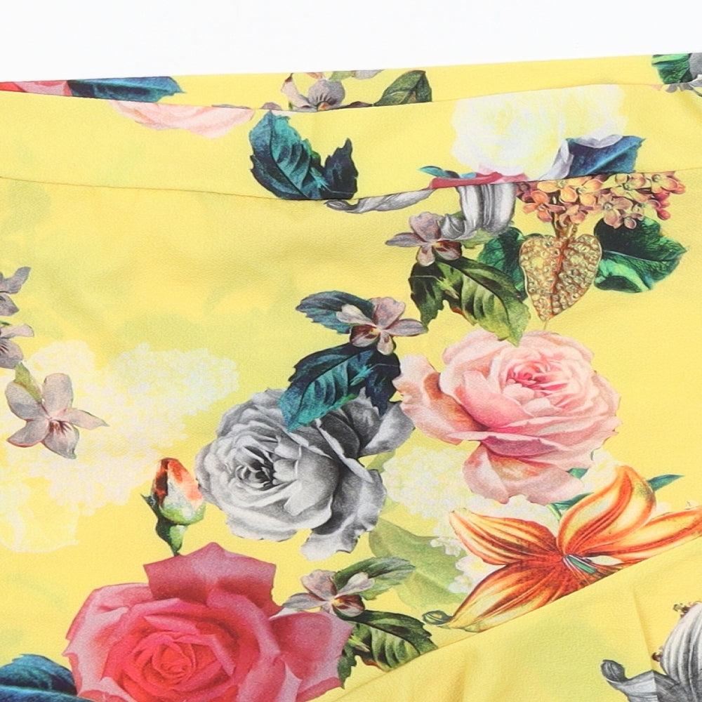 PRETTYLITTLETHING Womens Yellow Floral Polyester Pleated Skirt Size 12   Zip